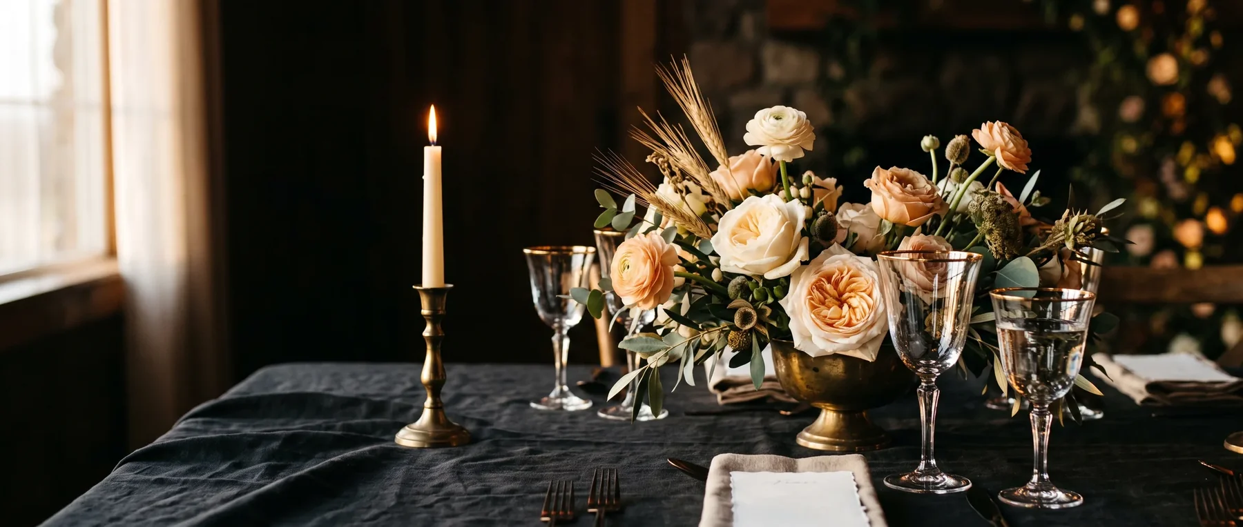 A candlelit wedding table at dusk: a single taper in a brass holder beside a low brass bowl of cream and peach garden roses, wheat and eucalyptus, with gold-rimmed glasses on dark linen.
